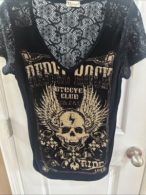 Vocal Black Tee with Gold Skull and Wing Graphic